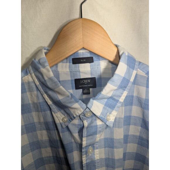 J. Crew Mens Slim Fit Checked Plaid Button Down Shirt Sz L Blue White Cotton - Picture 2 of 3